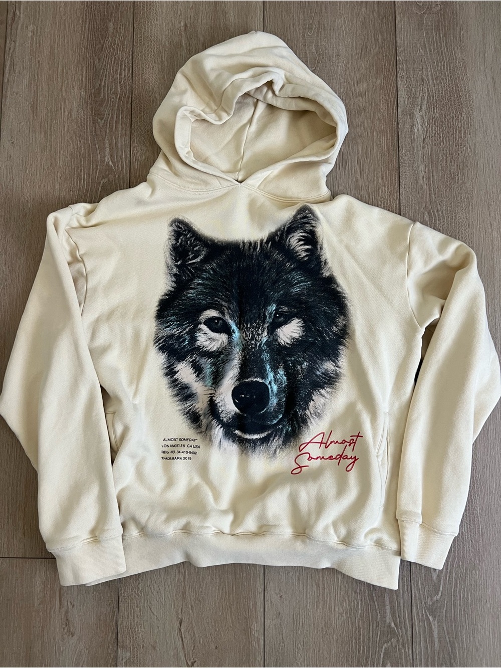 Almost Someday Cream Wolf Graphic Hoodie - Men Sweater size M